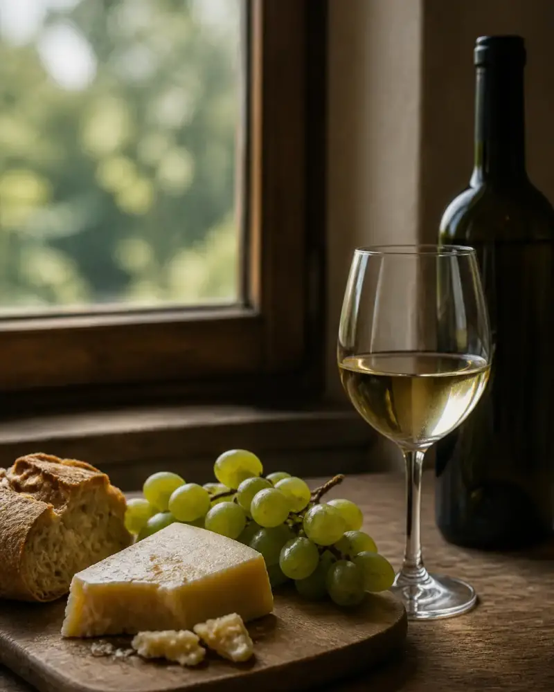 Planche en bois avec du pain, un morceau de fromage et des raisins, à côté d’un verre à vin blanc, lumière naturelle