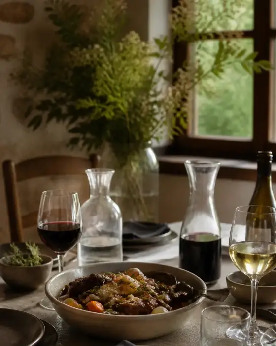 Table dressée avec un plat mijoté, des verres à vin rouge et blanc et une carafe, lumière chaude de fin de journée