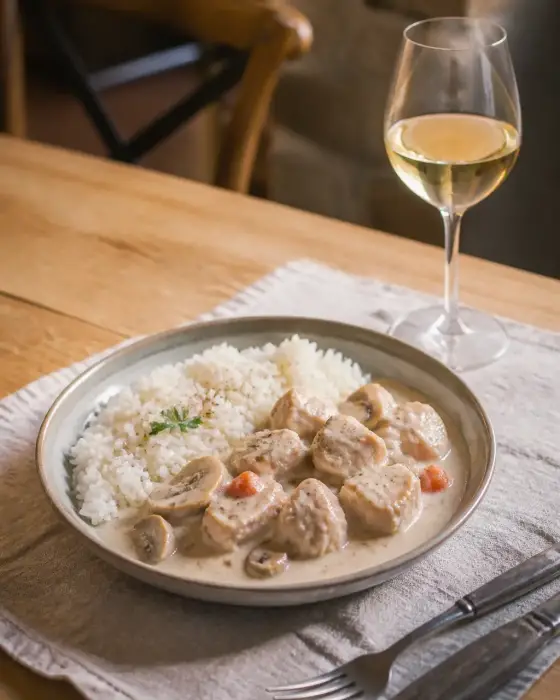 Assiette de blanquette de veau avec riz et champignons, verre de vin blanc doré sur la table