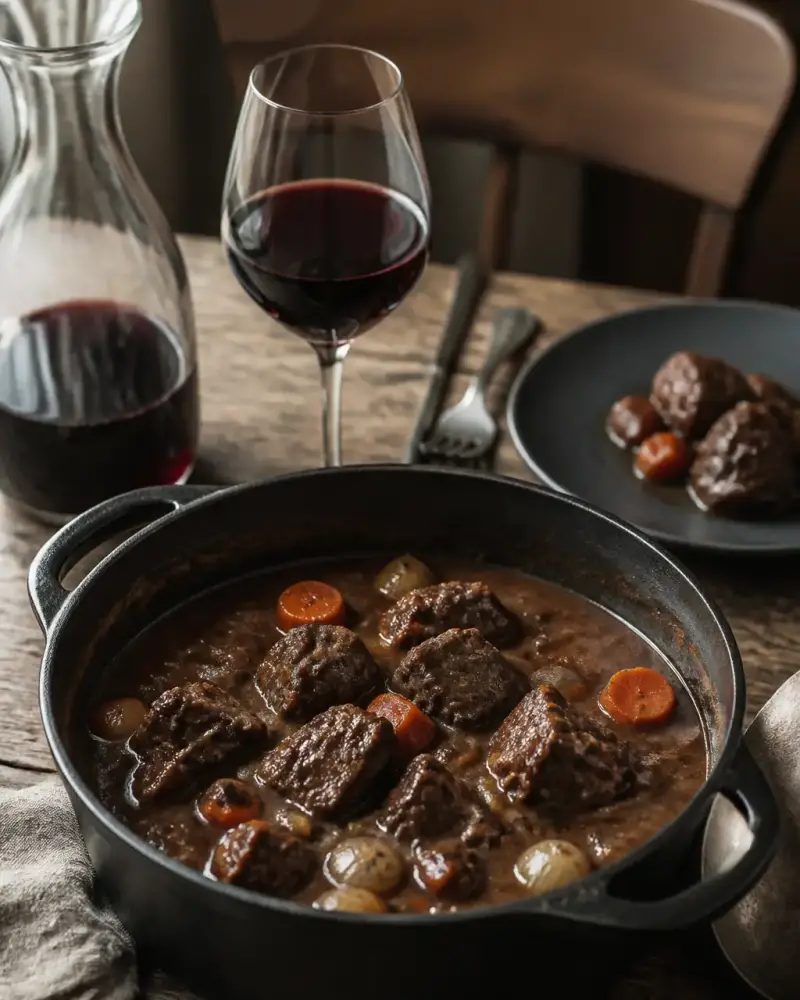 Cocotte de bœuf bourguignon avec carottes et oignons sur une table, verre de vin rouge à côté