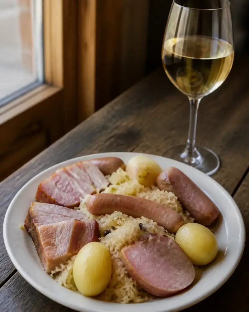 Assiette de choucroute garnie de charcuteries et de pommes de terre avec un verre de vin blanc sec à côté