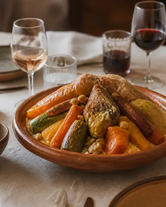 Plat de couscous avec semoule, légumes et viandes sur une table, verres de rosé et de rouge léger à côté