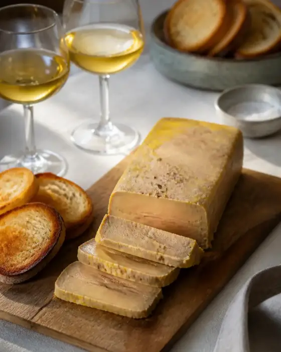 Terrine de foie gras tranchée sur une planche avec toasts et deux verres de vin blanc doré sur une nappe claire