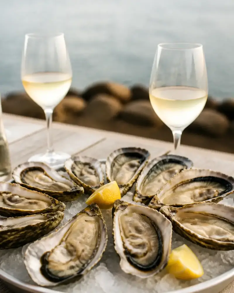 Plateau d’huîtres sur glace pilée avec citron et deux verres de vin blanc bien frais