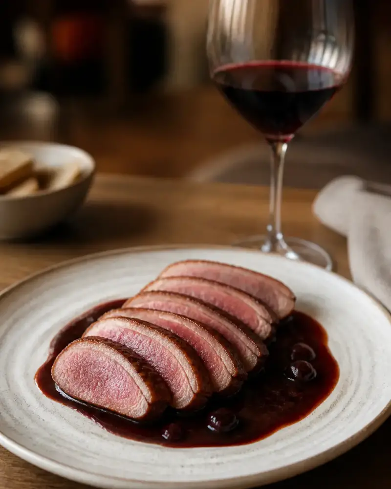 Magret de canard tranché rosé sur une assiette avec une sauce sombre, verre de vin rouge à côté