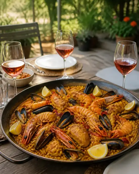 Grande poêle de paella aux fruits de mer et au poulet sur une table de jardin, verres de rosé bien frais