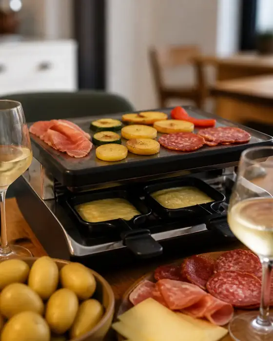 Appareil à raclette sur une table avec pommes de terre, charcuterie et deux verres de vin blanc