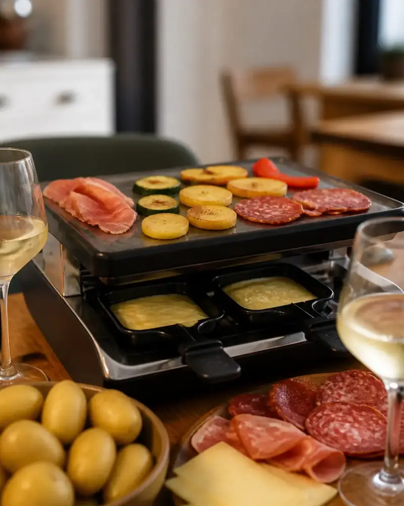 Appareil à raclette sur une table avec pommes de terre, charcuterie et deux verres de vin blanc