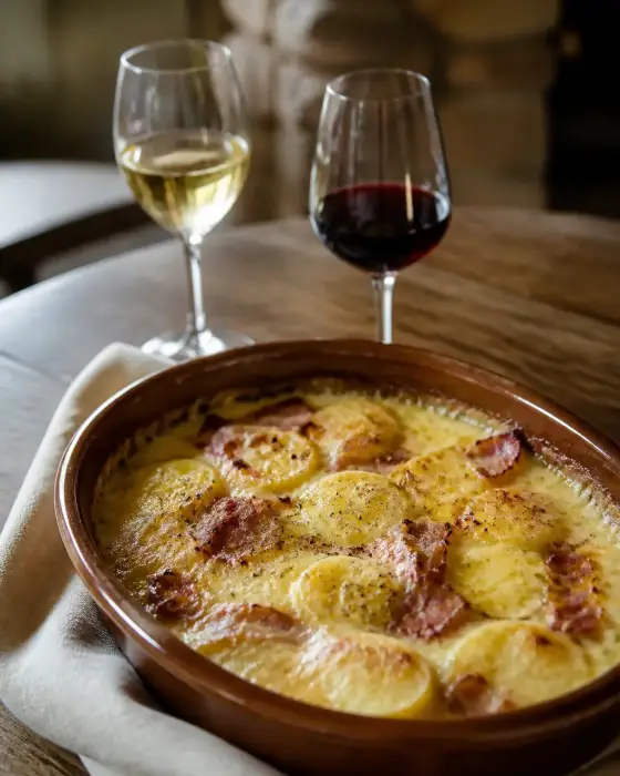 Plat de tartiflette gratinée dans un plat en terre avec deux verres de vin, un blanc et un rouge, sur une table de bois