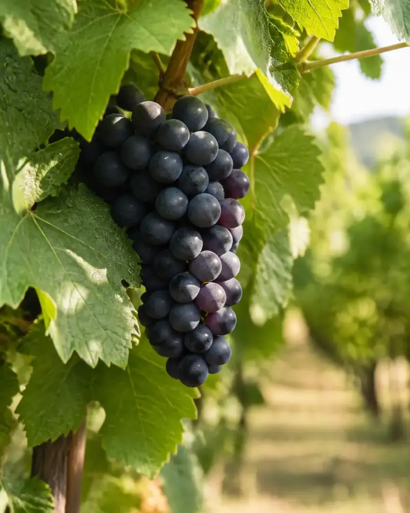 Grappe de raisin noir sur le cep, feuilles vertes et vigne floue en arrière-plan, lumière douce du matin