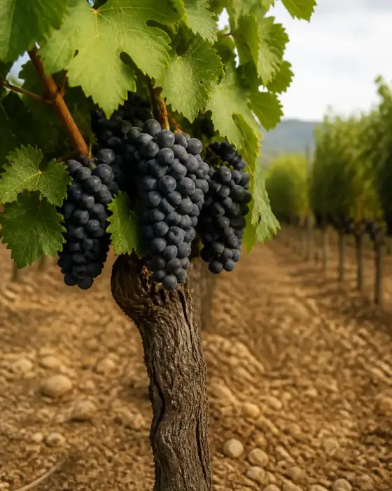 Petites grappes de raisin noir à peau épaisse sur un cep de vigne, rangées de vignes alignées en arrière-plan
