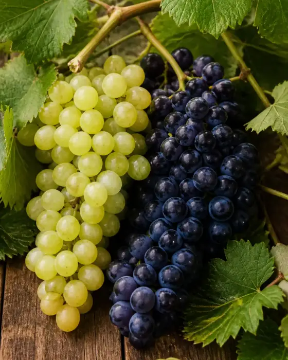 Grappes de raisin blanc et de raisin noir posées côte à côte sur une table de bois, feuilles de vigne autour