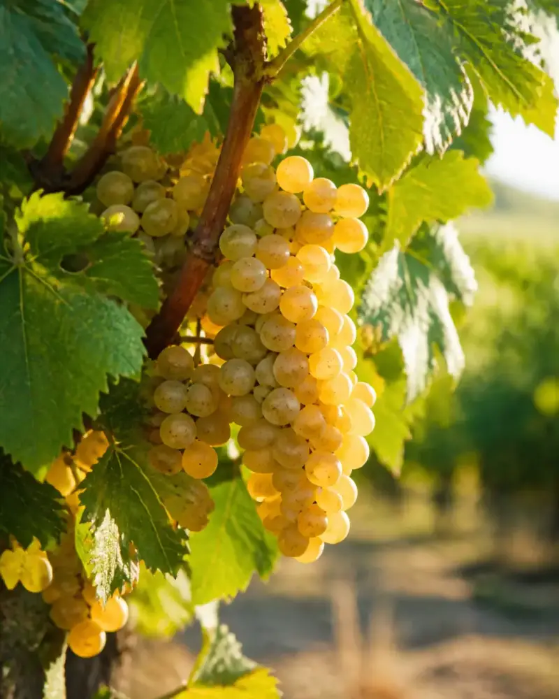 Grappes de raisin blanc doré sur un pied de vigne en été, feuilles vertes et lumière douce