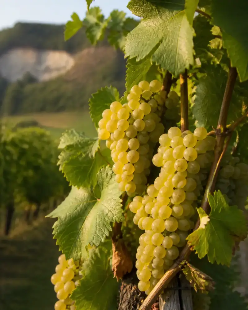 Grappes de raisin blanc doré sur un cep de vigne, coteau de tuffeau du Val de Loire en arrière-plan