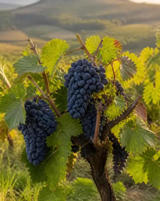Grappes de raisin noir bien rondes sur un cep de vigne, collines du Beaujolais au loin