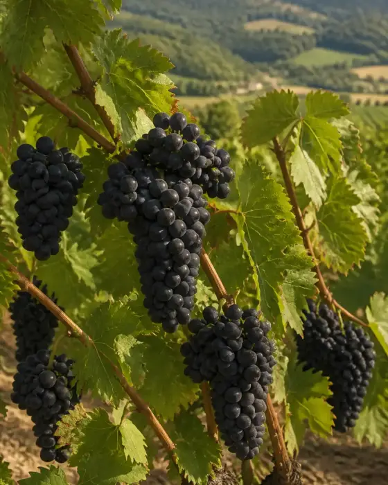 Petites grappes de raisin noir très foncé sur un cep de vigne, coteaux du Lot en arrière-plan