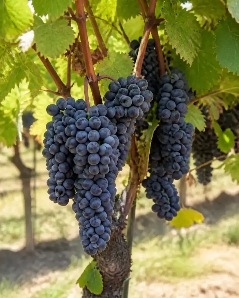 Grappes de raisin noir bien mûres sur un cep de vigne, vignoble de Bordeaux en fin d’été
