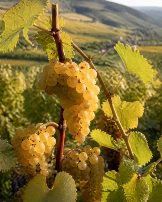 Grappes de raisin blanc doré clair sur un cep de vigne, coteaux d’Alsace en arrière-plan