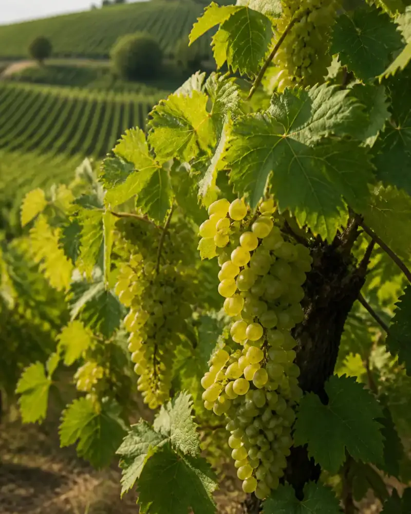 Grappes de raisin blanc vert-doré sur un cep de vigne, colline plantée de vignes à Sancerre en arrière-plan