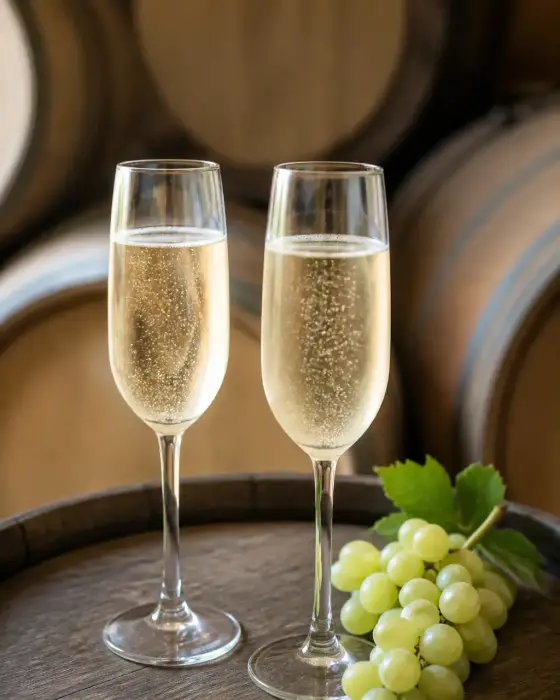 Deux flûtes de vin effervescent très clair posées sur un plateau, avec une grappe de raisin blanc à côté