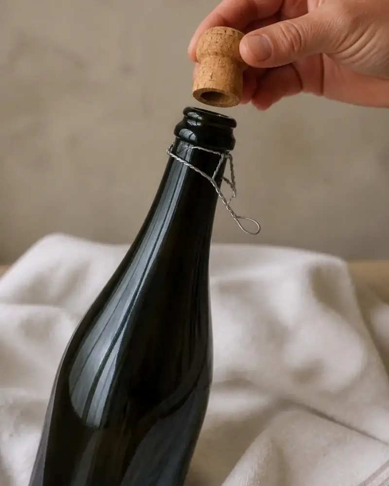 Main tenant le bouchon d’une bouteille de champagne inclinée, avec le muselet déjà desserré, sur un torchon blanc