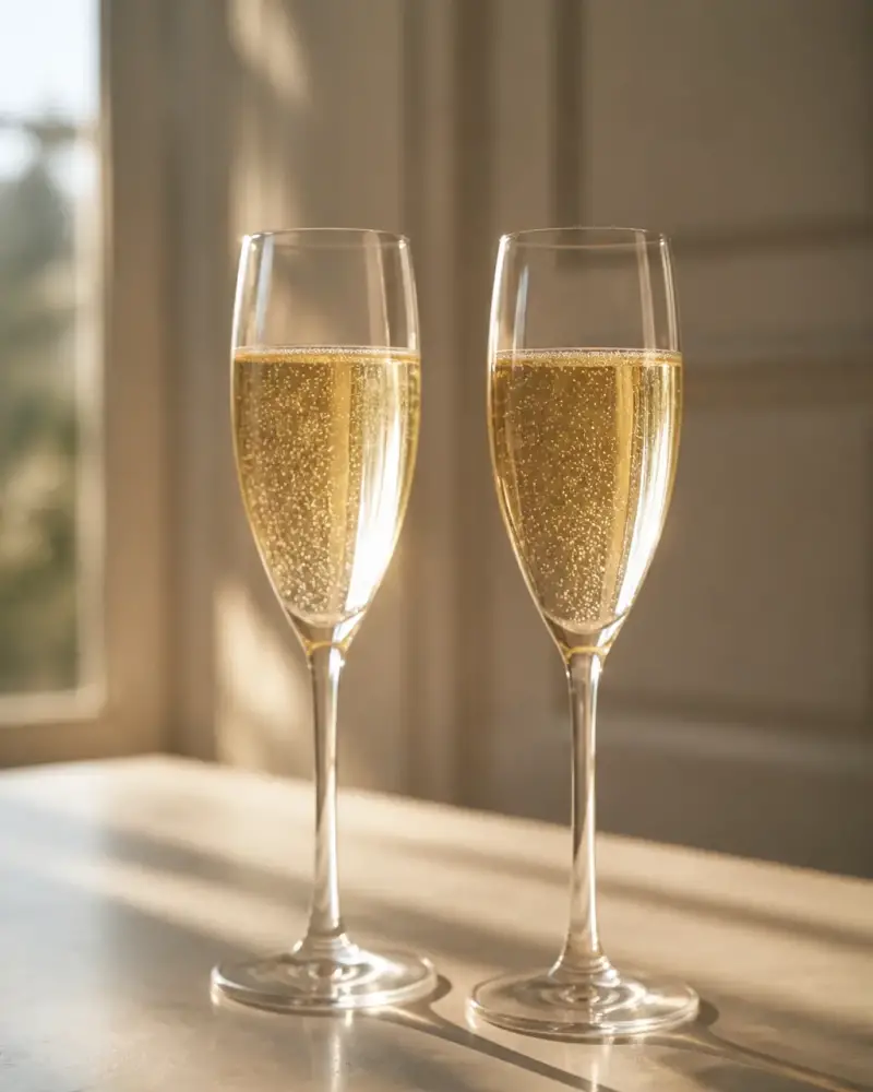 Deux flûtes de vin effervescent doré posées côte à côte sur une table claire, avec des bulles fines qui montent