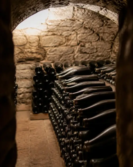 Bouteilles de champagne couchées dans un casier de cave voûtée, avec une lumière douce et un sol de pierre