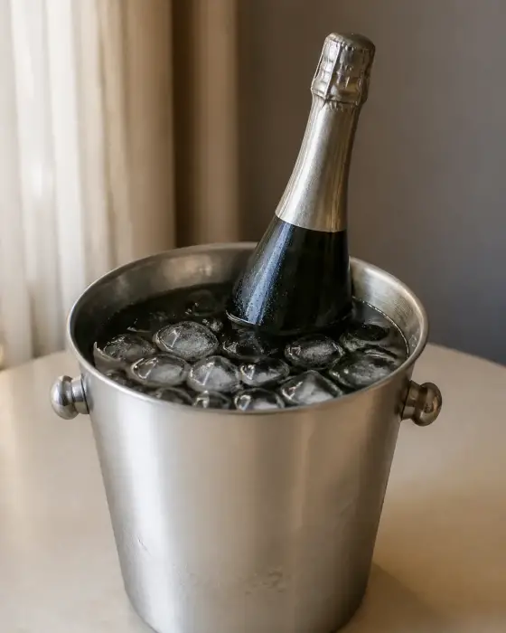 Seau à glace en métal brossé contenant une bouteille de champagne dans l’eau et les glaçons, sur une table claire