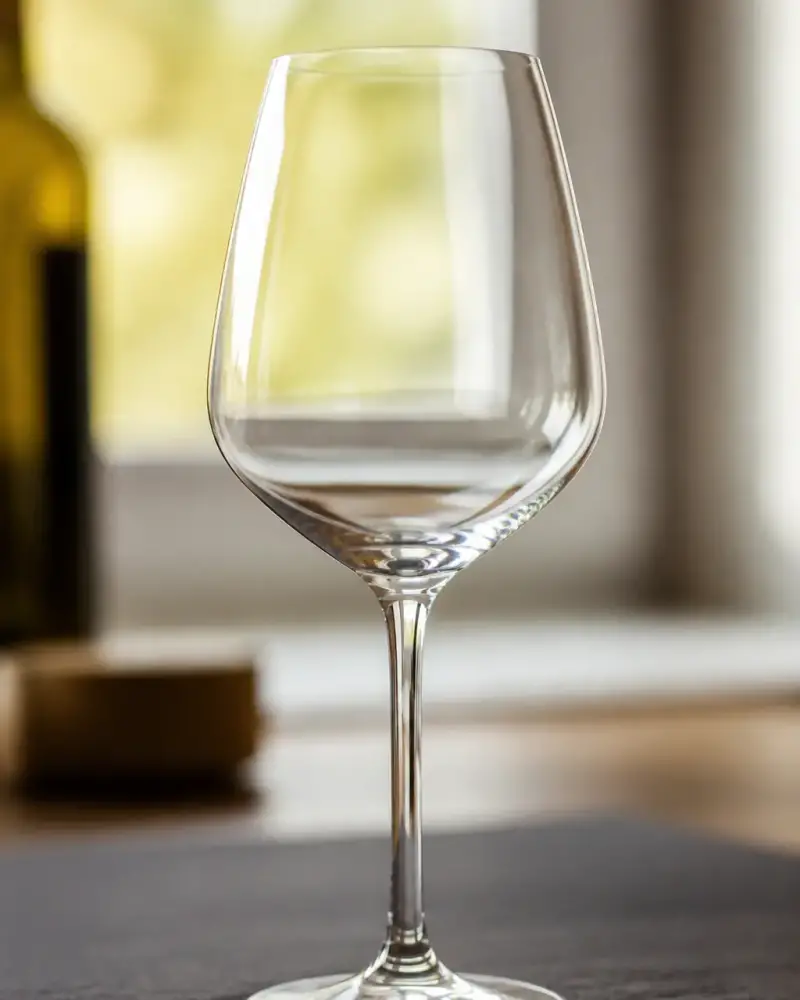 Verre à vin tulipe vide, vu de près, devant une fenêtre lumineuse, reflets sur le verre