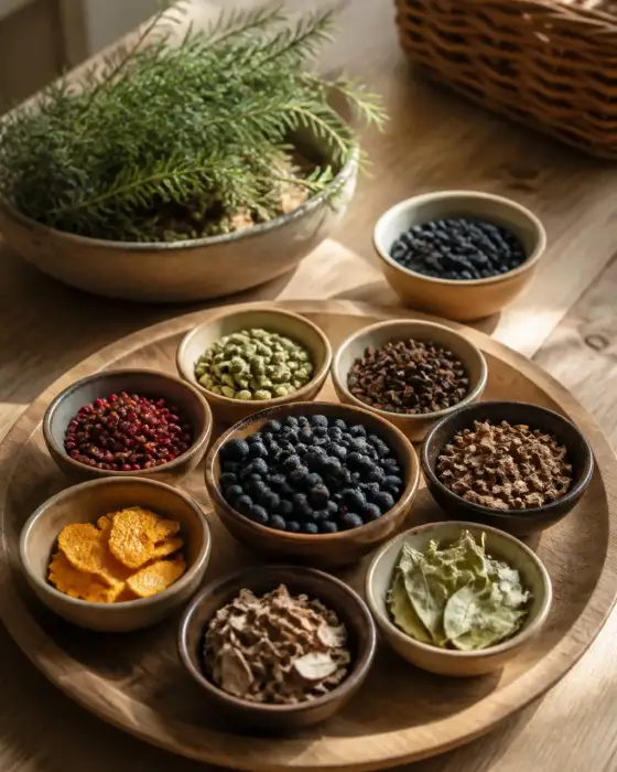 Plateau de petits bols contenant des fruits, des épices, des herbes et des feuilles posés sur une table en bois clair