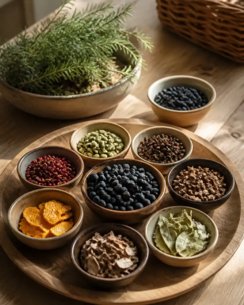 Plateau de petits bols contenant des fruits, des épices, des herbes et des feuilles posés sur une table en bois clair