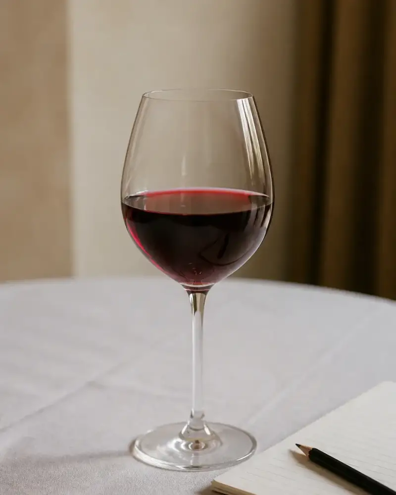 Verre à pied à demi plein sur une nappe blanche, avec une feuille de notes et un crayon posés à côté