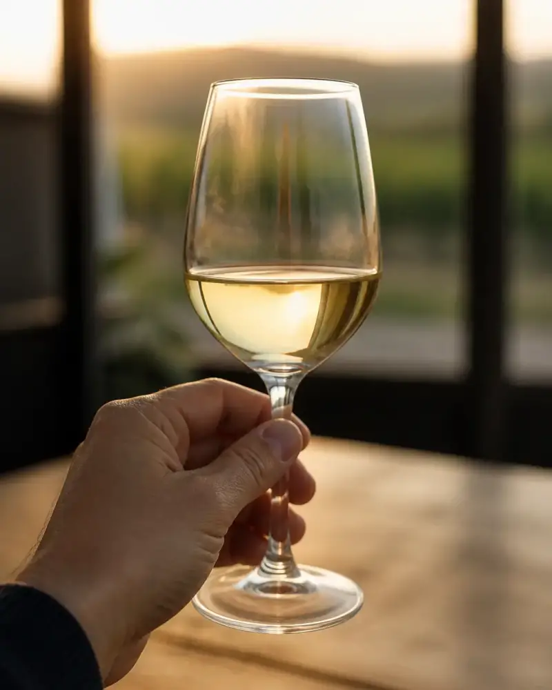 Verre à pied tenu à hauteur de nez au-dessus d’une table, avec un vin clair et une lumière douce de fin de journée