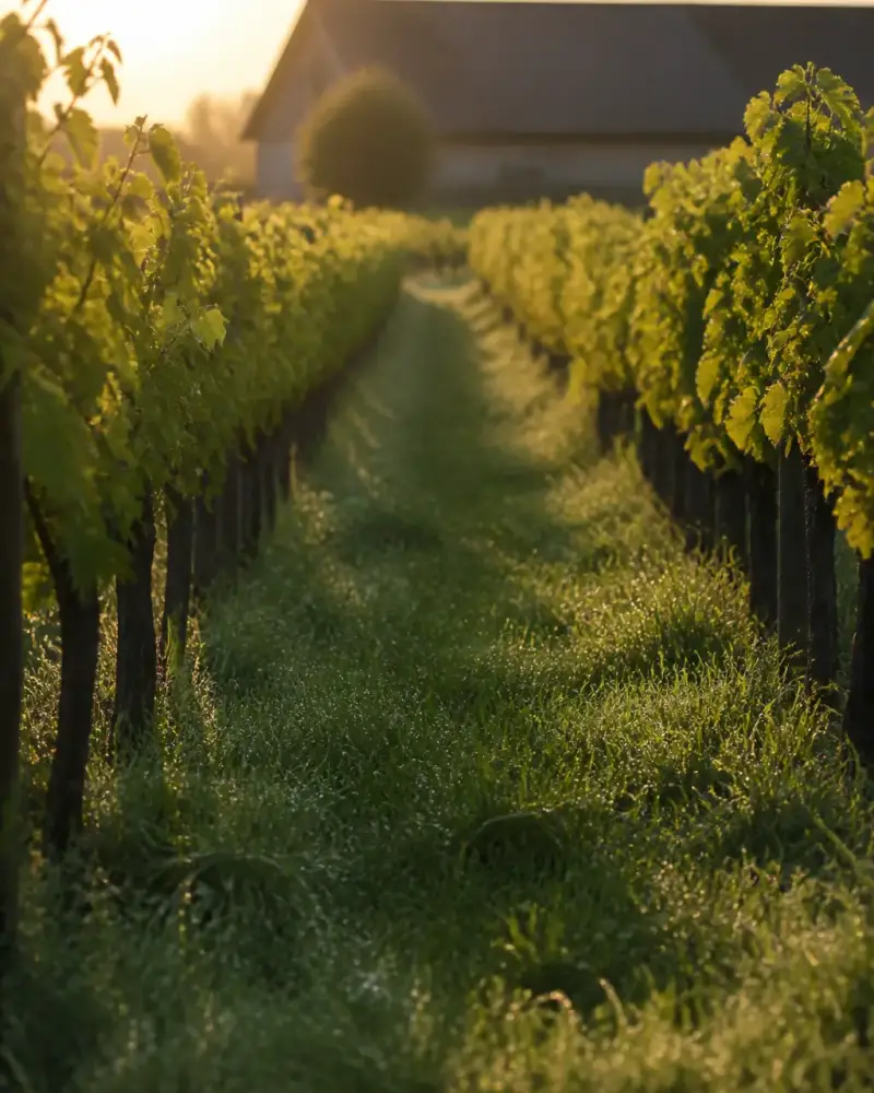 Rangs de vigne enherbés au petit matin, avec une rosée sur l’herbe et un bâtiment agricole en arrière-plan
