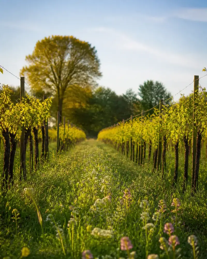 Vignes avec un sol enherbé entre les rangs, une bande de fleurs sauvages et un ciel clair de printemps