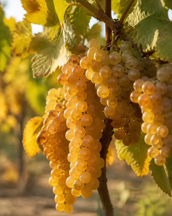 Grappes de raisin blanc dorées et très mûres sur la vigne, éclairées par un soleil bas d’automne