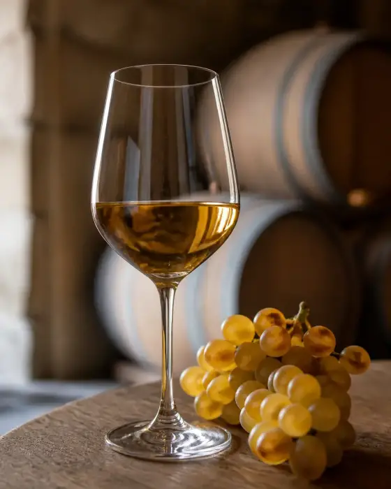 Verre à pied contenant un vin blanc doré, posé sur une table en bois à côté d’une grappe de raisin mûr