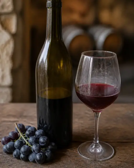 Bouteille sans étiquette et verre de vin légèrement trouble posés sur une table en bois, près d’une grappe de raisin