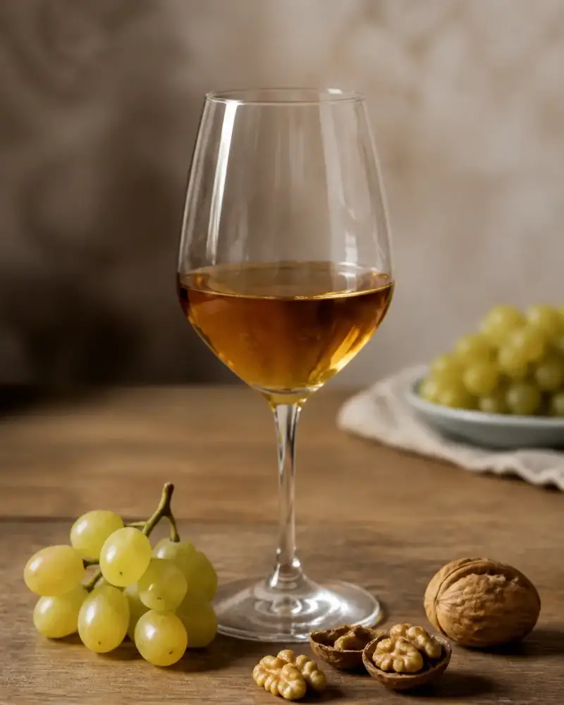 Verre de vin ambré à reflets cuivrés posé sur une table de bois à côté de quelques raisins blancs et de noix
