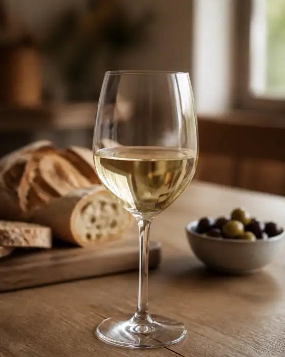 Verre à pied de vin blanc très clair sur une table en bois, avec du pain et un petit bol d’olives en arrière-plan