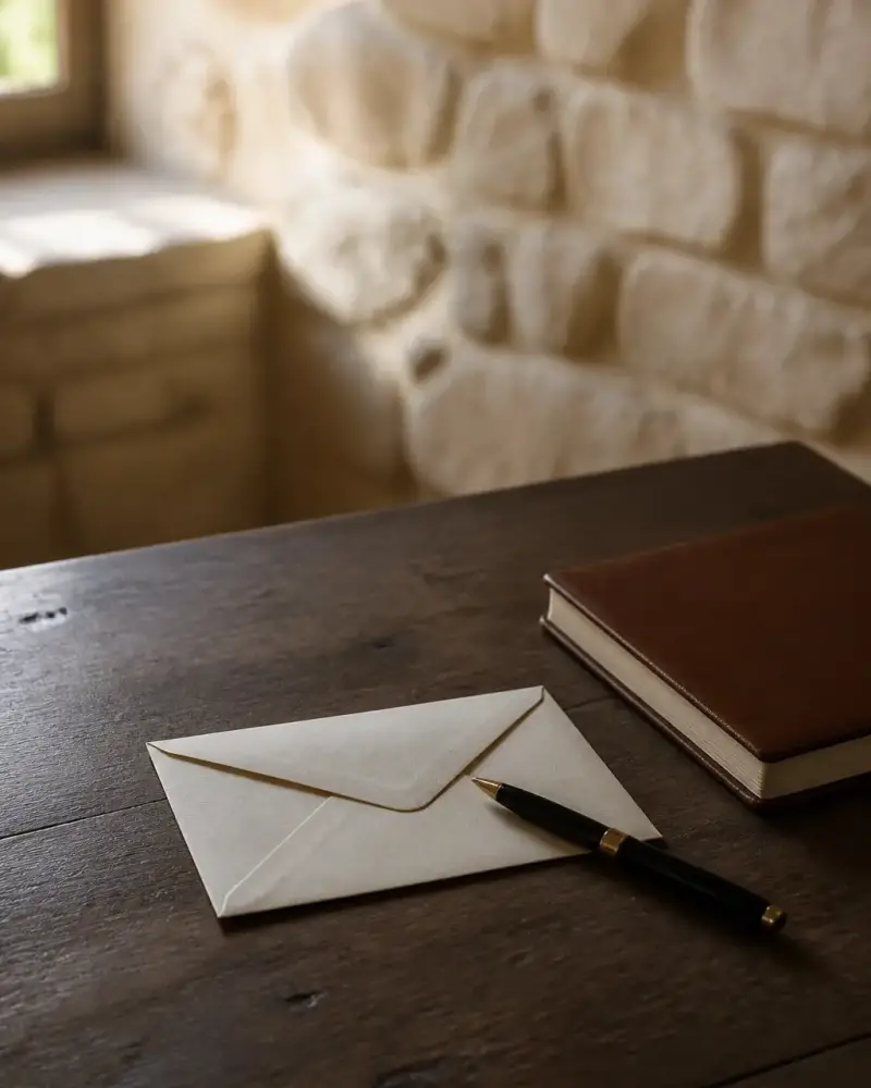 Enveloppe crème, stylo et carnet fermé posés sur une table en bois, lumière douce