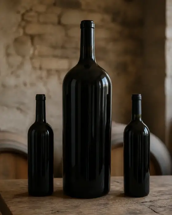 Grande bouteille de vin posée sur une table en bois à côté de bouteilles standard, pour comparer les tailles