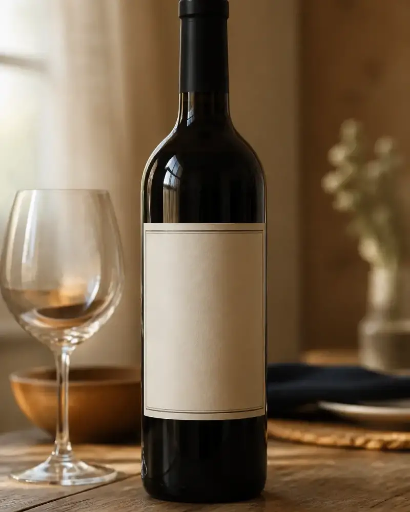 Étiquette de bouteille de vin vierge sur papier crème à double filet, posée sur une table en bois près d’un verre