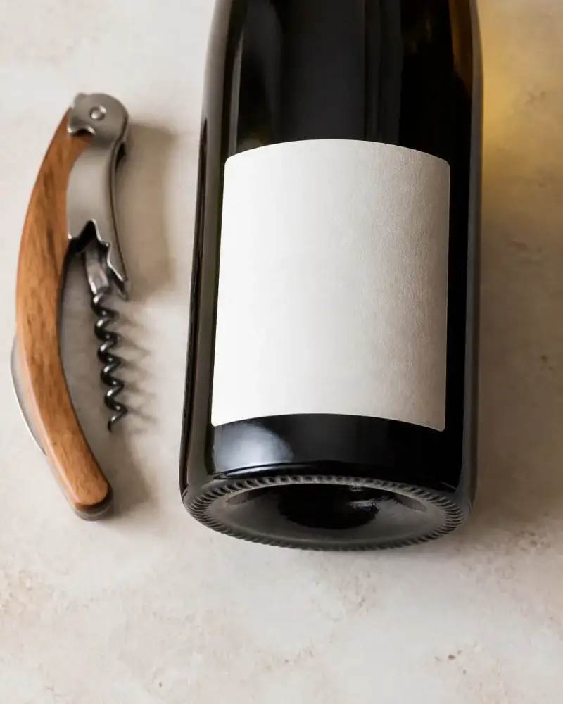 Contre-étiquette d’une bouteille de vin avec la mention des sulfites, posée à plat sur une table claire à côté d’un tire-bouchon