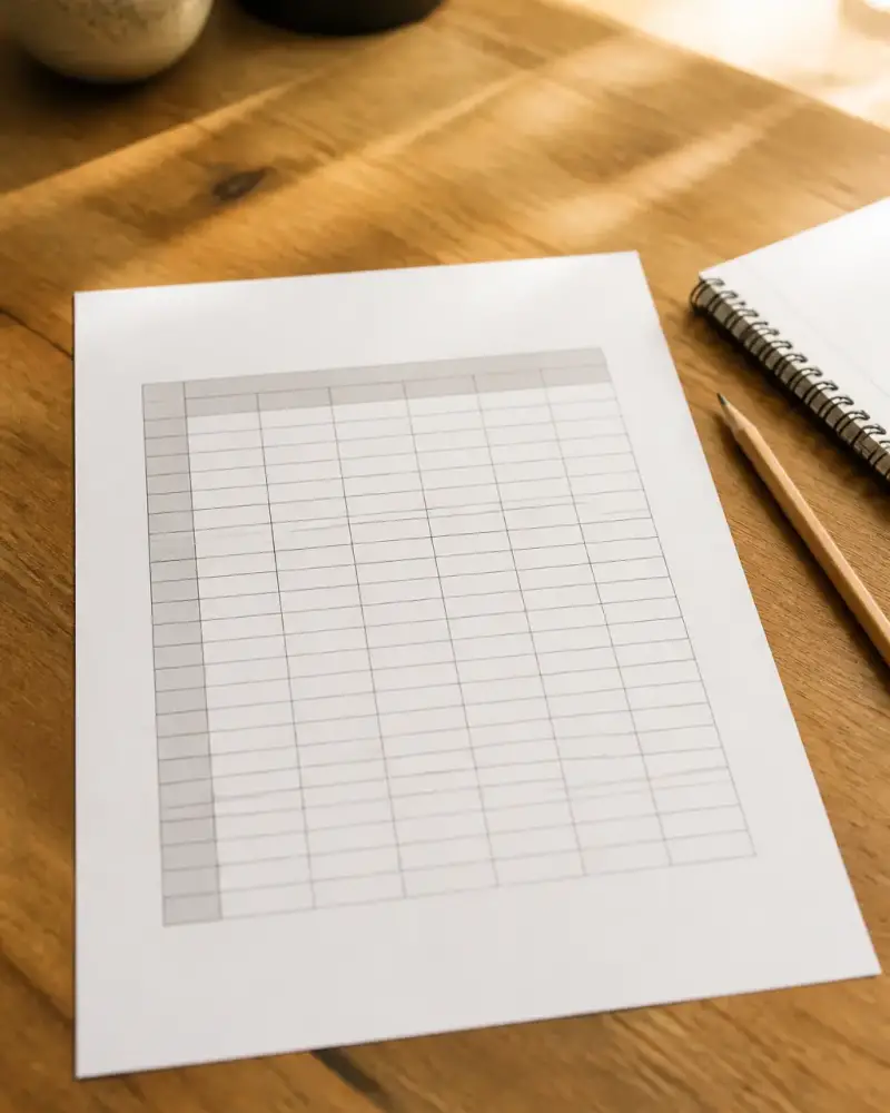 Tableau de notes par année et par région imprimé sur une feuille, posé sur une table près d’un carnet et d’un crayon