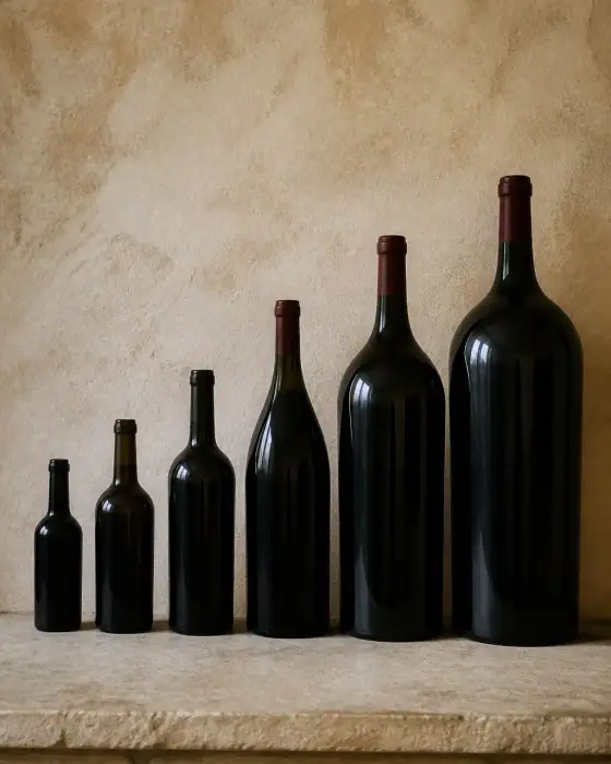 Alignement de bouteilles de vin de plusieurs tailles sur une étagère en pierre, de la plus petite à la plus grande