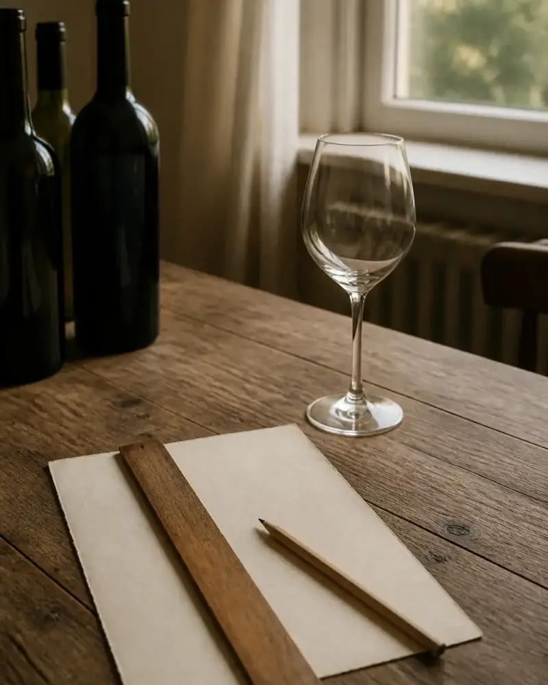 Règle en bois, crayon et feuille de papier crème posés sur une table près d’un verre à vin vide, lumière de fenêtre