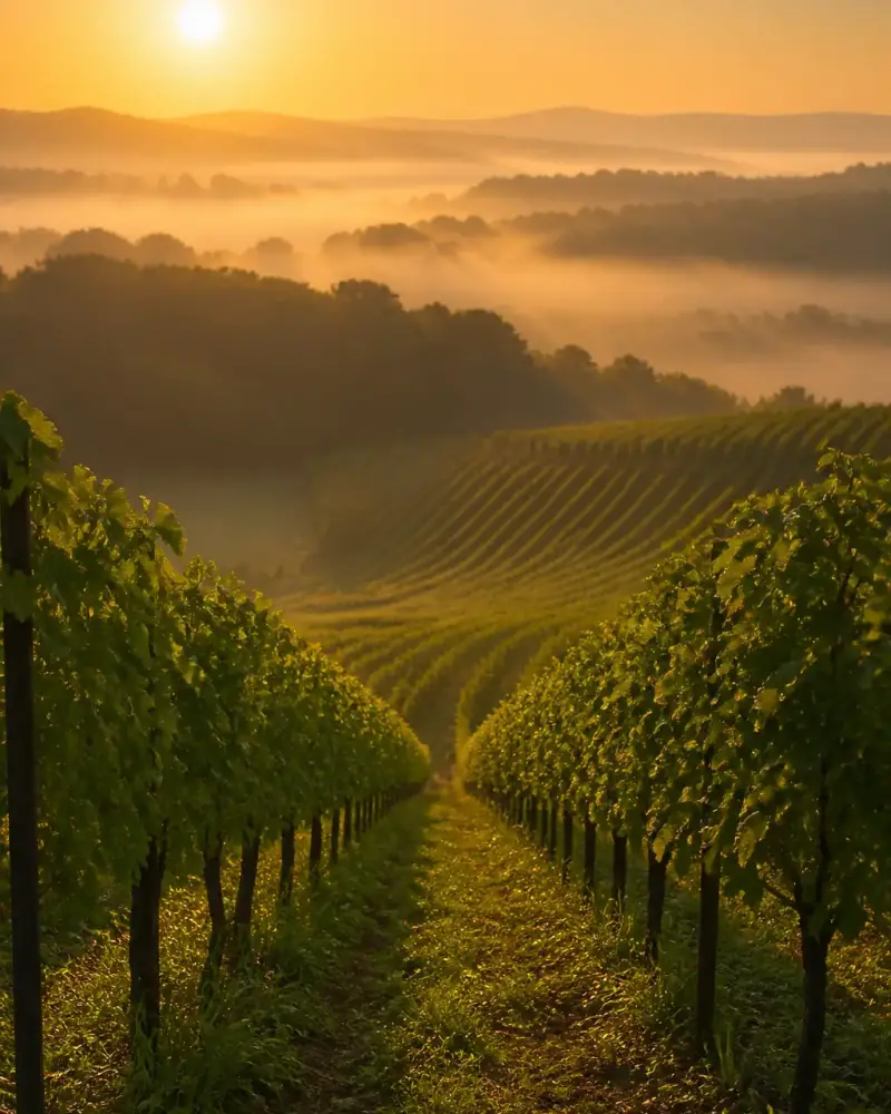 Rangées de vignes sur un coteau au petit matin, brume légère, aucun bâtiment visible