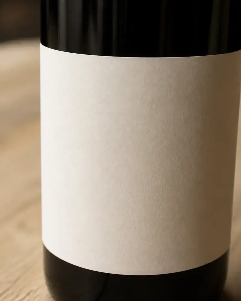 Gros plan sur l’étiquette d’une bouteille de vin où figure la mention d’appellation, posée sur une table de bois clair
