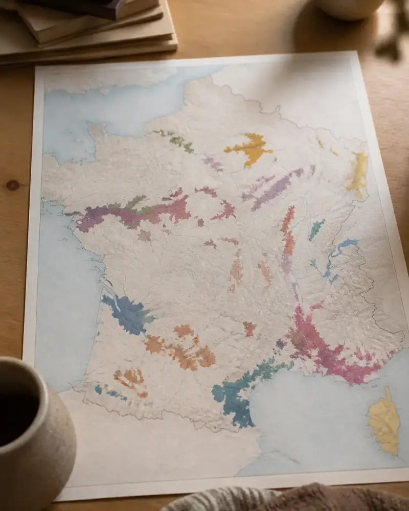 Carte de la France viticole en couleurs douces avec les grandes régions repérées par des étiquettes, posée sur un bureau
